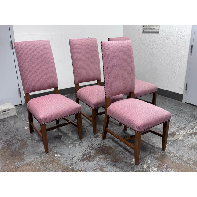 Contemporary Loggia Showroom Custom Design Reddish Diamond Patterned + Nailhead Dining Chairs, Set of Four For Sale - Image 3 of 18
