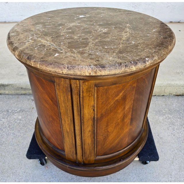 Vintage Round Brown Marble Top Drum Side End Center Table With Storage Cabinet For Sale - Image 11 of 13