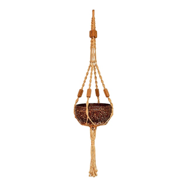 Vintage Tan Macramé Plant Hanger With Terracotta Clay Beads For Sale