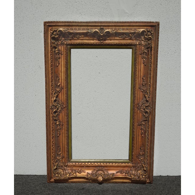 French Country 36 5/8" H Vintage French Country Gold Ornate Picture Frame W Green Inner Strip For Sale - Image 3 of 14