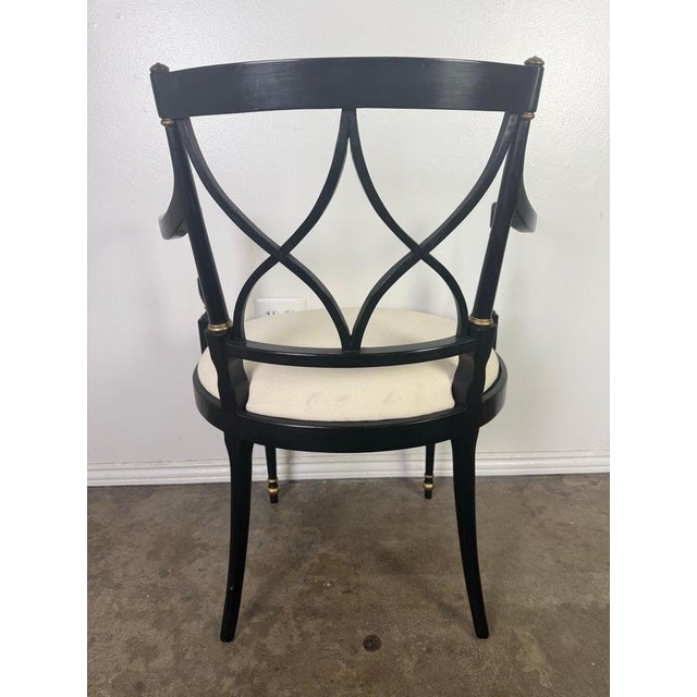 Set of Twelve Regency-Style Ebonized Dining Chairs With Linen Seats For Sale - Image 11 of 11