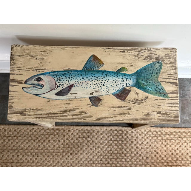 Rustic Folk Art hand-painted fish table with the depiction of an Atlantic Salmon. Petite but heavy for its size. Please...