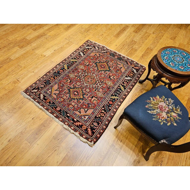 1900 - 1909 Vintage Persian Heriz Karajah Rug, Hand-Knotted Wool, Geometric Pattern, Rust-Red & Navy, 4x5 For Sale - Image 5 of 18