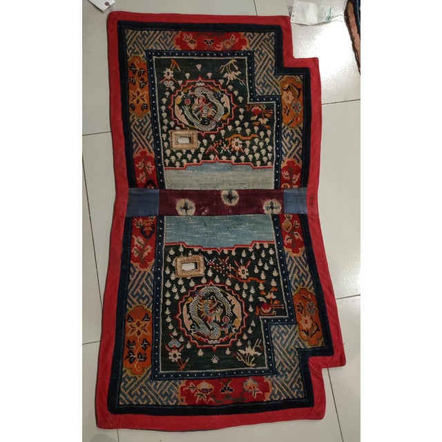 Early 20th Century Chinese Tibetan Saddle Cover ( 2'3" x 4' - 69 x 122 ) Antique Chinese Small Scatter Size Wool Green...