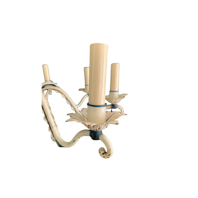 Beautiful blue/white vintage French tole painted metal chandelier Hardwired with 8 candle-sized sockets. Dimensions are...