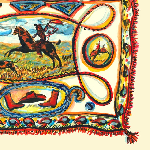 Bandana inspired motif featuring a roping cowboy against a an open sky landscape.