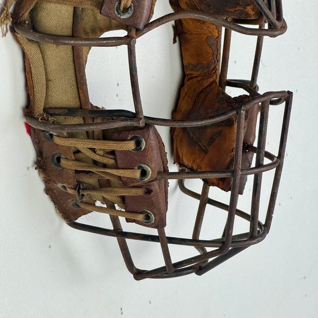 American Salvaged Early 20th Century Baseball Catcher's Mask With Metal Cage Guard & Leather Details For Sale - Image 3 of 9