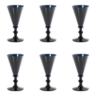 Lorraine 6-Piece Set Vintage Glass Cordial, Deep Ocean Blue For Sale