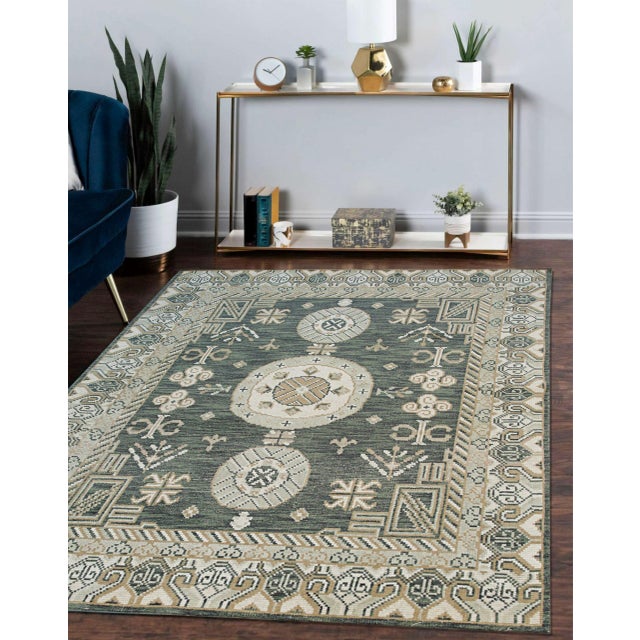 6x9 Rhea Traditional Green Medallion Modern Hand Knotted Wool Carpet Rug For Sale - Image 4 of 8