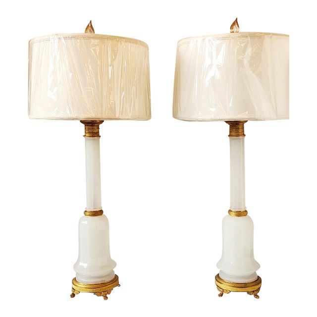 Pair of Antique Frence Louis Faceted Opaline and Guilt Table Lamps For Sale