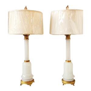 Pair of Antique Frence Louis Faceted Opaline and Guilt Table Lamps