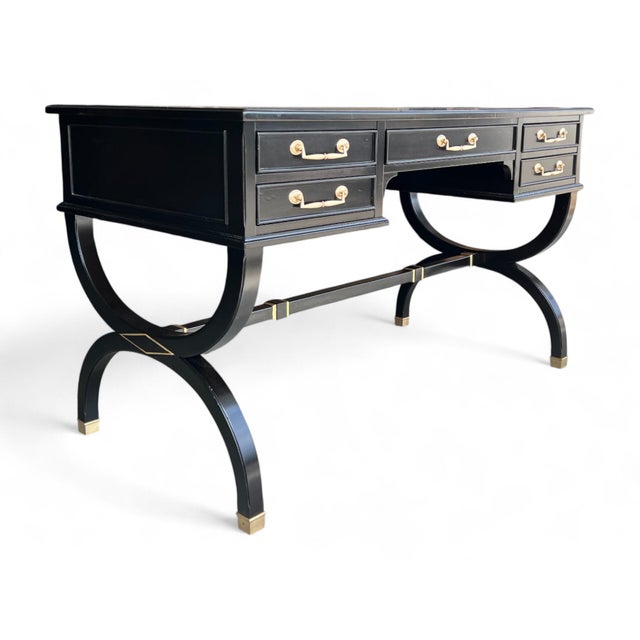 1960s Vintage Hollywood Regency Style Ebonized Desk With Green Leather Top and Brass Details For Sale - Image 5 of 15