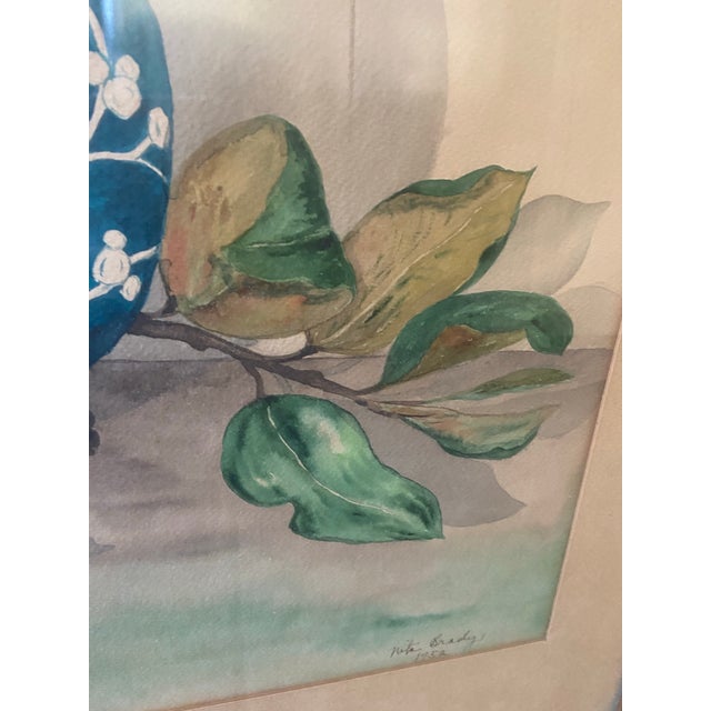1952 Floral Still Life Watercolor by Nita Bradley – Magnolia & Blue Vase, Framed For Sale - Image 12 of 12