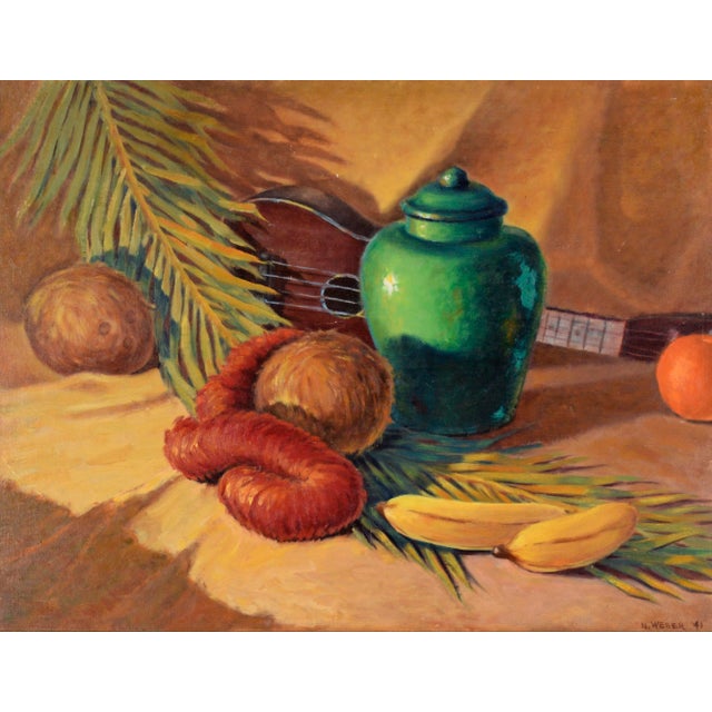 Tropical Still Life with Green Pot and Ukulele in Oil on Canvas Vibrant still life by Santa Cruz County artist N. Weber...