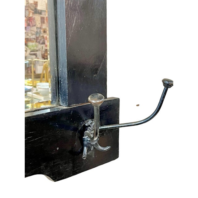 English Antique English Black Painted Beveled Mirror With Iron Hat Coat Hooks For Sale - Image 3 of 12