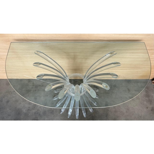Mid-Century Modern Mid 20th Century Demilune Console Table with Pedestal Lucite Base and Clear top Glass For Sale - Image 3 of 18