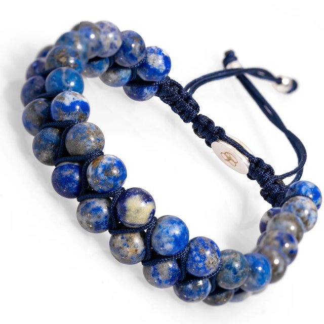 Contemporary Lapis Lazuli Stone Two Row Beaded Woven Striking Bracelet For Sale - Image 3 of 10