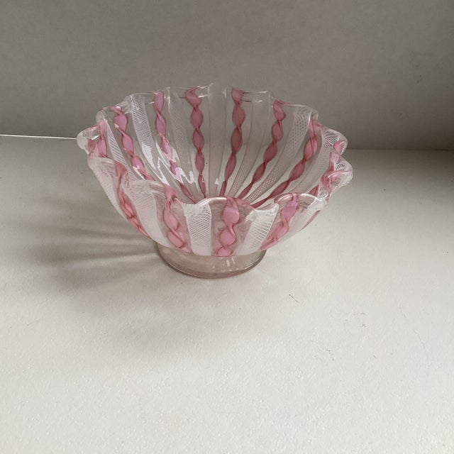 Pink and white ribboned decorative Murano art glass bowl, ruffled rim with clear pedestal.