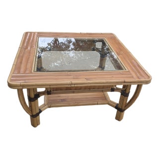 Vintage Bamboo and Glass Square Coffee Table For Sale