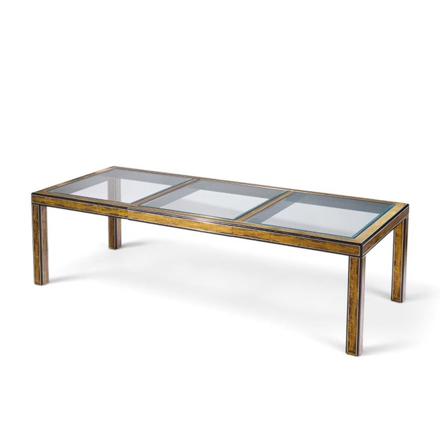 Bernhard Rohne for Mastercraft Mid Century Lacquered Etched Brass Panel Expanding Dining Table With 1 Leaf For Sale - Image 10 of 10