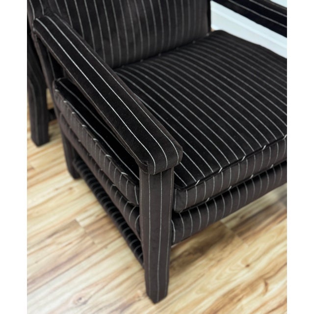Newly Upholstered Luxe Chocolate Brown Pinstripe Velvet Parsons Chairs, a Pair For Sale - Image 10 of 13