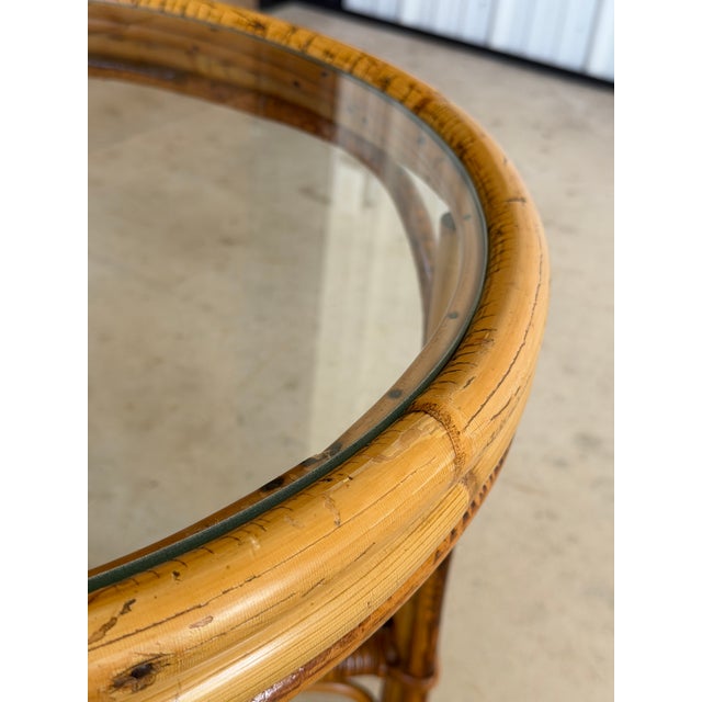 Mid 20th Century Vintage Round Rattan Side Table With Custom Glass Top For Sale - Image 5 of 12