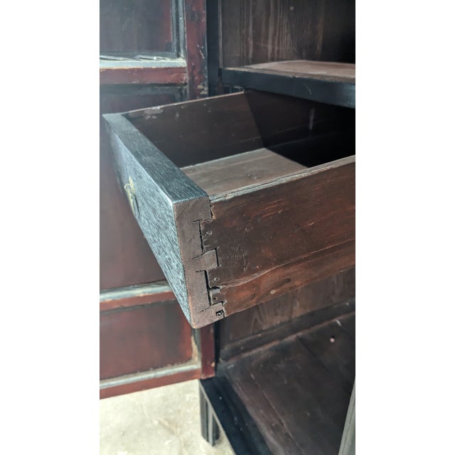 Wood Antique Chinese Qing Dynasty Black Lacquer Elm Wedding Cabinet Armoire Wardrobe For Sale - Image 7 of 15