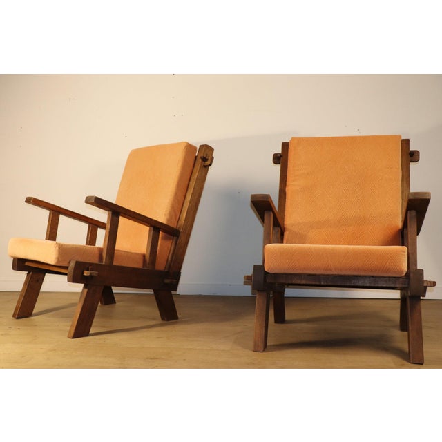 Brutalist Armchairs in Oak and Velvet, 1960s-1970s, Set of 2 For Sale - Image 10 of 18
