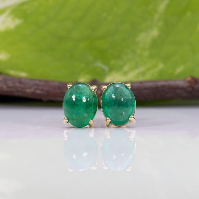 Modern 3.7Ct Zambian Emerald Cabochon Solitaire Stud Earrings in Solid 14k Gold, 9x7mm For Sale - Image 3 of 7