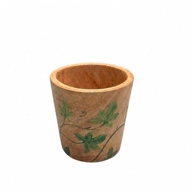 Vintage Hand-Painted Teak Wood Botanical Cachepot For Sale - Image 4 of 12