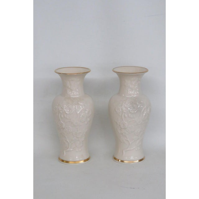 Lenox Ming Blossom Vase Pair of 2 Embossed Ivory Porcelain With Gold Trim 4930b For Sale In Miami - Image 6 of 17
