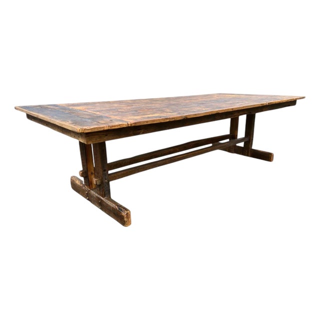 Farmhouse Reclaimed Wood Trestle Table With Breadboard - 108" For Sale
