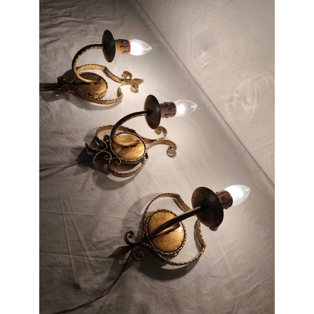 Wrought Iron and Gold Leaf Wall Lights, 1960s, Set of 3 For Sale - Image 4 of 13