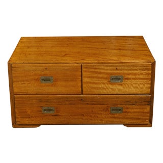 English Campaign 19th Century Camphor Wood Low Chest with Inset Brass Hardware For Sale