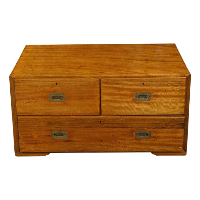 English Campaign 19th Century Camphor Wood Low Chest with Inset Brass Hardware For Sale