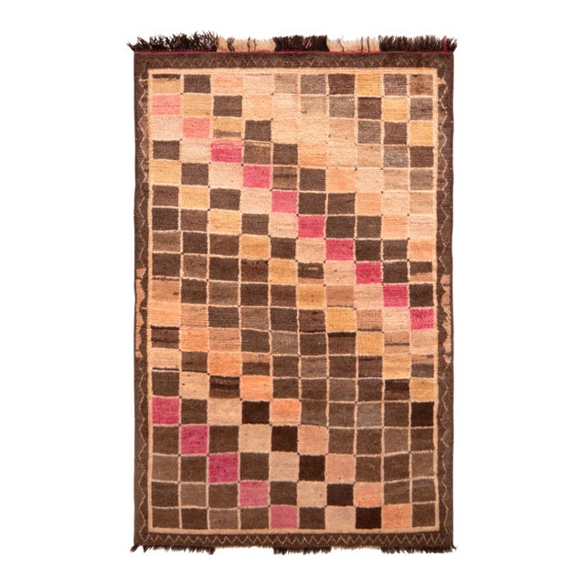 Hand-Knotted Mid-Century Vintage Gabbeh Rug in Beige Brown Geometric Pattern For Sale
