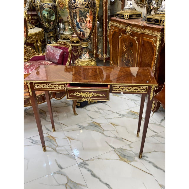 French Style Console Table / Desk – Handcrafted Brown Finish With Gold Leaf For Sale - Image 9 of 9