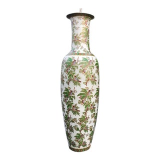 1960s Mid-Century Monumental 72” Ceramic Floor Vase – Tropical Bird & Palm Motif For Sale