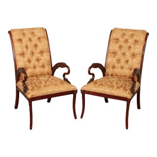French Regency Style Carved Mahogany Armchairs - A Pair For Sale