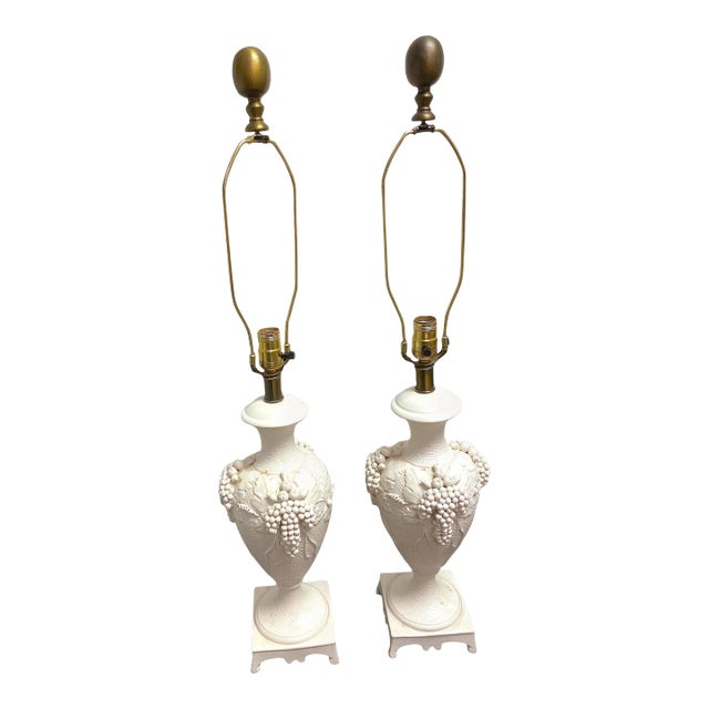 Vintage Italian White Raised Grapes and Vines Signed Lamps - A Pair For Sale