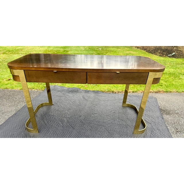 Mid-Century Modern Floating-Top Walnut Desk With Brass Base by John Stuart For Sale - Image 12 of 16