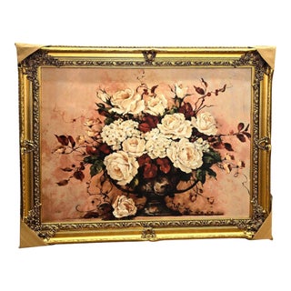 French-Style Floral Still Life Artwork – Elegant Rose Bouquet With Ornate Gold Leaf Frame For Sale