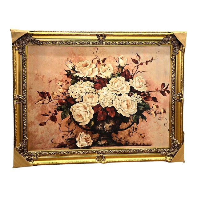 French-Style Floral Still Life Artwork – Elegant Rose Bouquet With Ornate Gold Leaf Frame For Sale