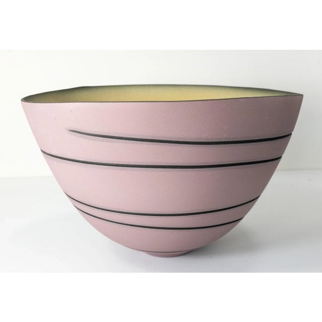 Mid-Century Modern Art Pottery Matte Pink Black Swirl Bowl, Signed For Sale - Image 4 of 11