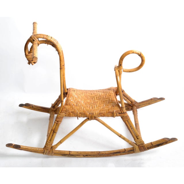 Mid-Century Modern Vintage Franco Albini 1960 Rattan Cane & Bamboo Rocking Horse, Animal Sculpture Italy For Sale - Image 3 of 13