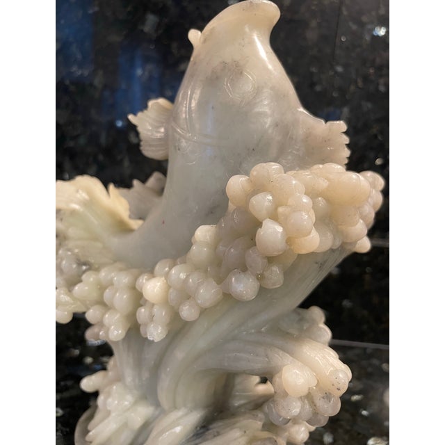 This antique large exceptional soapstone fish sculpture figure with a jade bottom,from the Republic of China,its a...