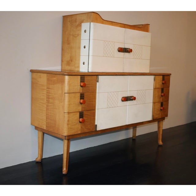 Art Deco Sideboard in Maple with Leather and Art Glass by Laszlo Hoenig, 1940s For Sale - Image 15 of 15