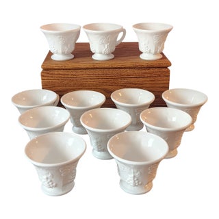 Set of 12 Vintage Indiana Colony Harvest Grape White Milk Glass Footed Cups, 1950s For Sale