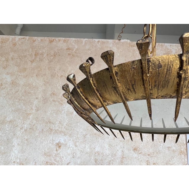 Spanish 1960s Brutalist Gilt Metal Nail Design Sunburst Ceiling Fixture For Sale - Image 12 of 12
