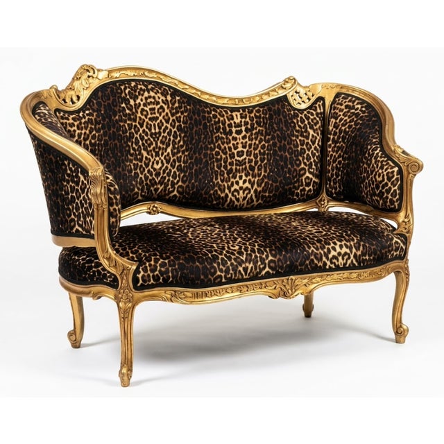 Classical Roman Vintage Leopard Print Gold Leaf Settee Sofa Loveseat For Sale - Image 3 of 3
